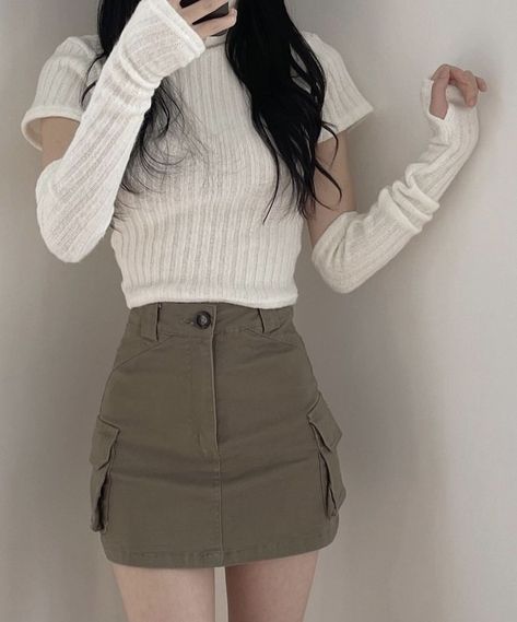 white ribbed crop top + hand warmers + cargo mini skirt outfit idea by ddaygirl !! White Hand Warmers Outfit, Denim Cargo Mini Skirt Outfit, Hand Warmers Outfit Aesthetic, Korean Mini Skirt Outfit, Skirt Fits Aesthetic, White Cargo Skirt Outfit, Beige Cargo Skirt Outfit, Mini Cargo Skirt Outfit, Korean Outfits Skirts