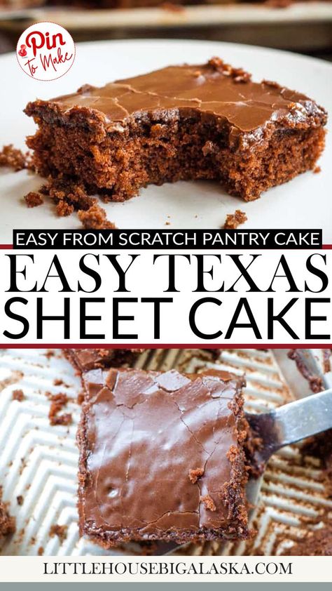 A chocolate Texas Sheet Cake slice with glossy frosting sits on a white plate. The slice, made from scratch, has a bite taken out of it, revealing a moist interior. Crumbs are scattered on the plate. More cake pieces are blurred in the background, hinting at the best cake experience yet. The bottom image shows a square slice of Chocolate Texas Sheet Cake being lifted from the sheet pan with a spatula.