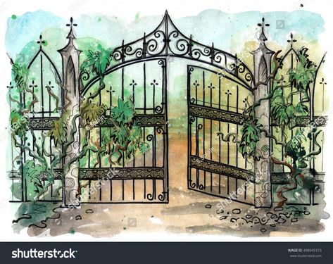 Gothic Gate, Old Gates, Front Gate Design, Gothic Garden, Dreamy Artwork, Victorian Garden, Garden Drawing, Illustration Watercolor, Hand Drawn Illustration