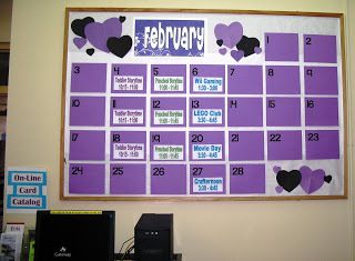 Calendar bulletin board to display library programs for the month Upcoming Events Bulletin Board, Events Bulletin Board, Bulletin Board Calendar, Teen Library Space, Giant Calendar, Toddler Storytime, High School Bulletin Boards, Calendar Bulletin Boards, Class Bulletin Boards