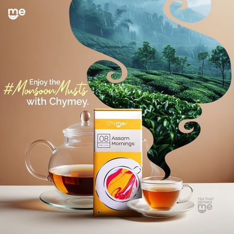 Welcome the monsoon with Chymey's comforting brew. Experience tranquility in its purest form, as raindrops harmonize with your perfect cup. Visit our website to shop today! - Link in Bio #Chymey #ChymeyTeas #TeaThatDefinesMe #MonsoonMusts #TeaLover #TeaTime #AssamMornings #Monsoon #Rain Tea Social Media Design, Tea Advertising Design, Tea Creative Ads, Tea Social Media Post, Tea Social Media, Tea Advertisement, Tea Ads, Tea Poster, Tea Lover Quotes