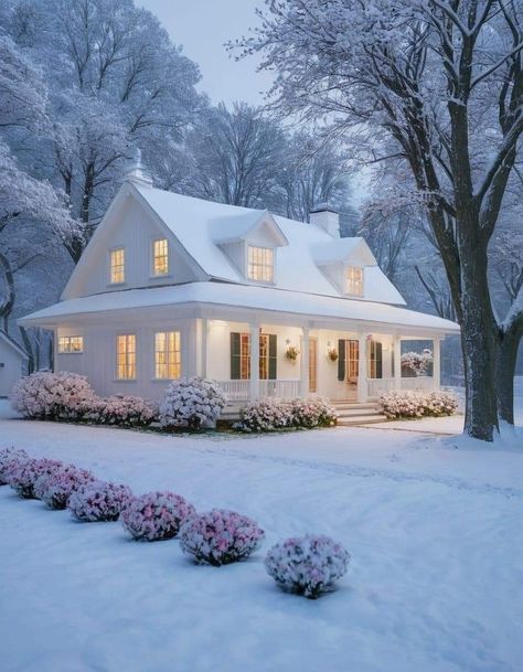 White House Countryside, Cozy Winter Home Exterior, House Exterior Ideas, Mini Homes, Winter Cottages, Flip House, House Pictures, Winter Cottage, White Windows