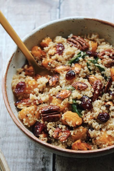 Roasted Pumpkin, Pecan & Cranberry Quinoa Salad (Vegan & Gluten Free) Quinoa Salad Vegan, Fall Quinoa Salad, Cranberry Quinoa, Cranberry Quinoa Salad, Pumpkin Quinoa, Pumpkin Salad, Cranberry Salad, Pecan Salad, Salad Vegan