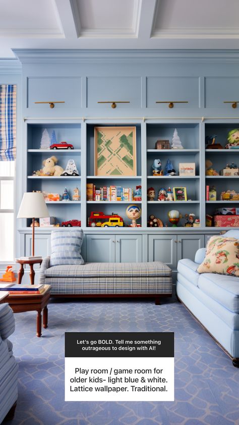 play room for kids Built In Shelving Playroom, Blue Couch Playroom, Blue Wall Playroom, Playroom Wall Of Storage, Playroom With Wainscotting, Grand Millennial Playroom, Southern Playroom, Playroom And Guest Room Combo Ideas, Modern Cottage Playroom