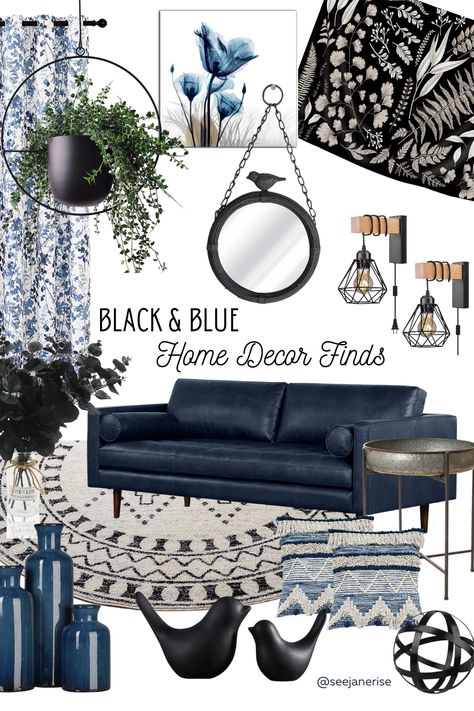 Accent Chairs For Navy Blue Couch, Black White Grey And Blue Home Decor, Navy Black And Grey Living Room, Black And White Room With Blue Accents, Blue Black Decor, Navy Blue Black And Silver Living Room, Black Blue Living Room Ideas, Black And Blue Decor Living Room, Black And White With Blue Accents