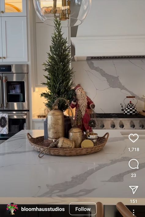 How To Decorate 3 Tiered Tray Christmas, Christmas Centerpiece Island, Holiday Vignettes Decorating Ideas, Winter Island Centerpiece, Christmas Counter Centerpiece, Xmas Decor For Kitchen Island, Kitchen Counter Christmas Tree, Christmas Decor Above Cabinets Kitchens, Kitchen Tray Christmas Decor