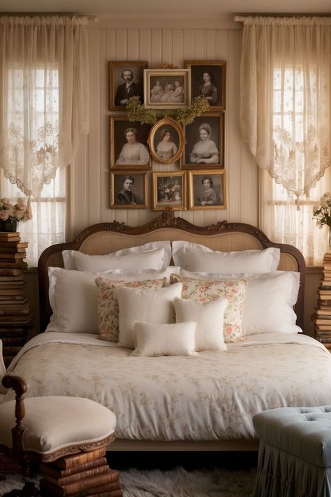 Grandma Core Bedroom with vintage bed and vintage picture frames above bed. lace curtains and soft rugs Cottagecore Headboards, Vintage Cozy Bedroom, Vintage Cottagecore Bedroom, Grandmacore Bedroom, Vintage Cottage Bedroom, Grandma Room, Vintage Bedrooms, Vintage Inspired Bedroom, Antique Bedroom