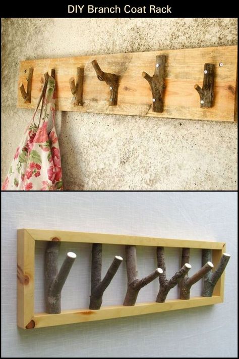 Coat Rack Diy Wall, Coat Hanger Diy, Diy Coat Hooks, Branch Coat Rack, Coat Rack Bench, Coat Rail, Diy Hooks, Small House Living, Branches Diy