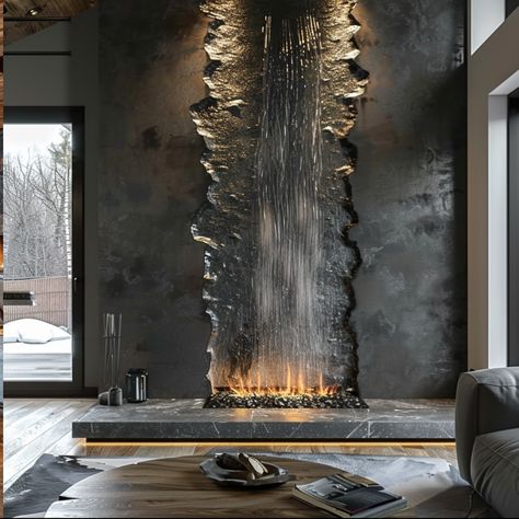 Imagine a fireplace that embodies the serene majesty of a cascading waterfall, bringing the soothing sights and sounds of nature into your living space. Crafted from polished stone in hues of slate and granite, its mantelpiece mimics the rugged edges of cliffs, adorned with moss and tiny ferns that thrive in the mist. Water gently flows down the front in a seamless curtain, catching the firelight as it dances across the smooth surface, creating a mesmerizing play of shadows and reflections. T... Fake Stone Wall, Millwork Wall, Water Curtain, Cascading Waterfall, Sounds Of Nature, Futuristic Home, Architecture People, Industrial Architecture, Dark Home