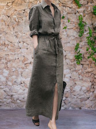 Solid Maxi Dress, Gaun Fashion, Cozy Dress, Office Dresses For Women, Linen Fashion, Elegante Casual, Summer Fashion Dresses, Classy Casual, Loose Shirts