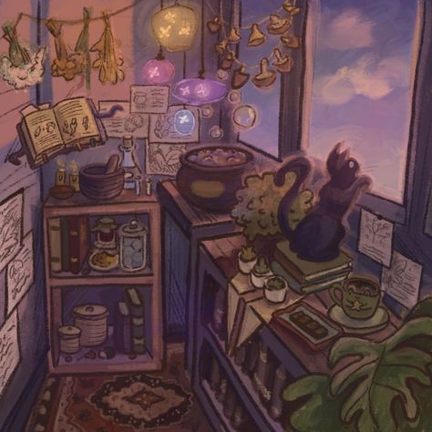 #art #digital #magic #sunset #cat #cute #painting #witch #book #aesthetic Cat Cute Painting, Witch Book Aesthetic, Cozy Witch Aesthetic, Soft Witch Aesthetic, Witchy Office, Cozy Witch, The Sorceress, Fantasy Map Making, Cute Painting