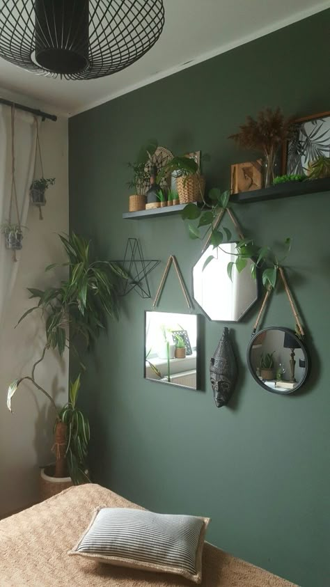 Shelves Above Bed, Green Room Ideas Bedroom, Green Bedroom Walls, Home Wall Colour, Green Room Decor, Room Color Combination, Wall Color Combination, Green Accent Walls, Bedroom Color Combination