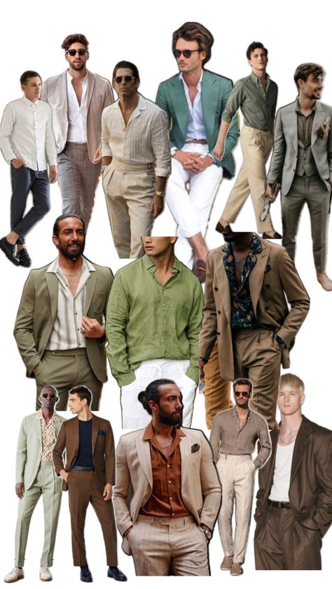 Island formal wedding guest attire for men with earth tones meant for a beach wedding Mens Cocktail Attire Wedding Guest, Wedding Guest Attire For Men, Beach Formal Men, Men Wedding Attire Guest, Wedding Guest Outfit Men, Male Wedding Guest Outfit, Beach Wedding Guest Attire, Mens Beach Wedding Attire, Wedding Guest Men