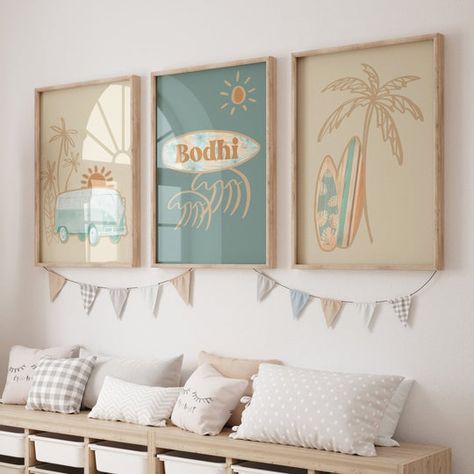 Beach Boho Surf Nursery, Ocean Boho Decor, Surfer Bedroom Ideas Boys, Boho Beach Theme Bedroom, Boho Beach Nursery Boy, Surfer Toddler Room, Retro Beach Nursery, Boho Tropical Nursery, Boho Surfer Nursery