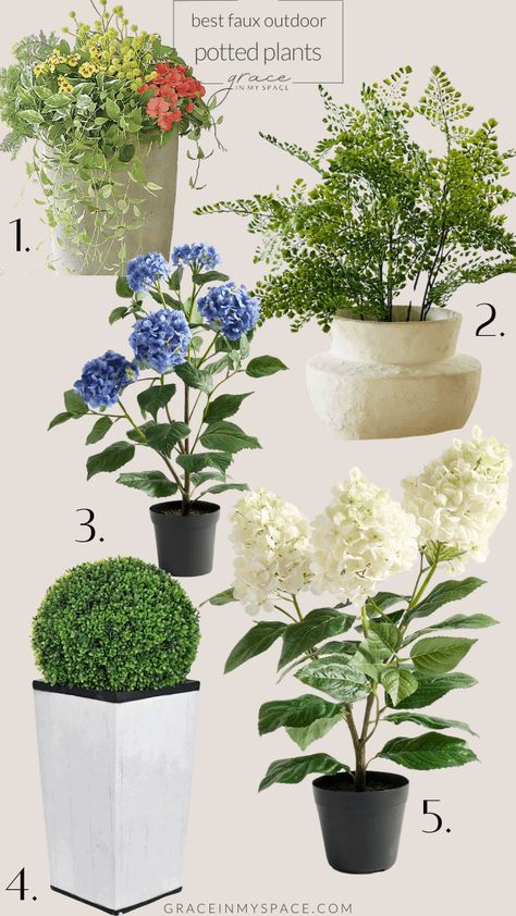 Save time and money with the best faux plants for your front porch. No more watering. Invest once and they last for years to come! #fauxplants #frontporch #frontporchideas #outdoorplants #fakeplants #plants #fauxoutdoorplants #fauxpottedplants #fauxstems #fauxflowers Artificial Plants For Front Porch, Front Porch Plants Year Round, Fake Outdoor Plants Landscaping, Faux Plants For Front Porch, Outdoor Faux Plants, Plants For Front Porch, Best Faux Plants, Front Porch Planter Ideas, Faux Outdoor Plants