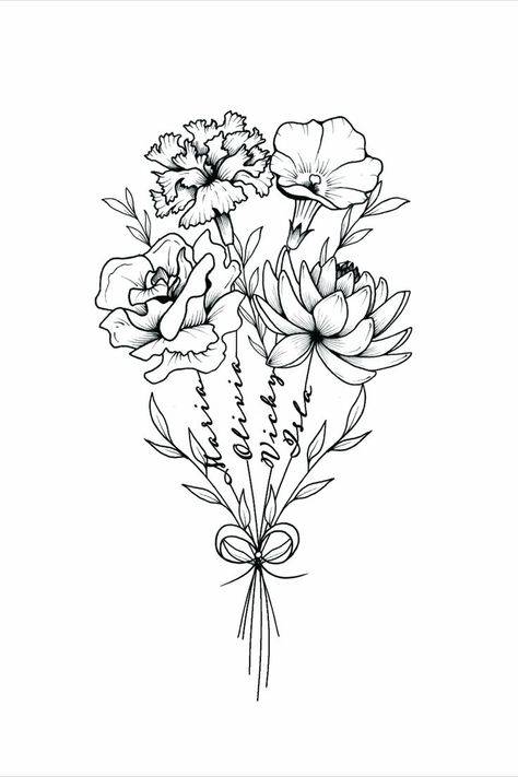 Aura Tattoos, Pa Tattoo, Birth Flower Bouquet, Ink Therapy, Tattoo Time, Mom Tattoo Designs, Bouquet Tattoo, Mommy Tattoos, Writing Tattoos