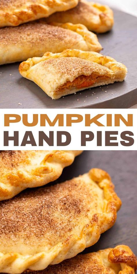 Pumpkin Hand Pies Fried Pumpkin Pie, Best Hand Pie Recipes, Pumpkin Pie Leaf Crust, Pumpkin Pie Empanadas Recipe, Pumpkin Pie Pockets, Fried Pumpkin Hand Pies, Hand Pie Halloween, Vanilla Custard Hand Pies, Small Pumpkin Pies Easy