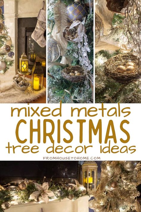 I love the mix of gold, silver and copper Christmas ornaments on this elegant Christmas tree. Very pretty Christmas decor for the living room. Copper Gold Silver Christmas Tree, Bronze And Silver Christmas Tree, Metallics Christmas Decor, Copper And Silver Christmas Tree, White Silver Copper Christmas Tree, Gold Silver Bronze Christmas Tree, Green And Metallic Christmas Tree, Mixed Metal Christmas Decor, Mixed Metallic Christmas Tree