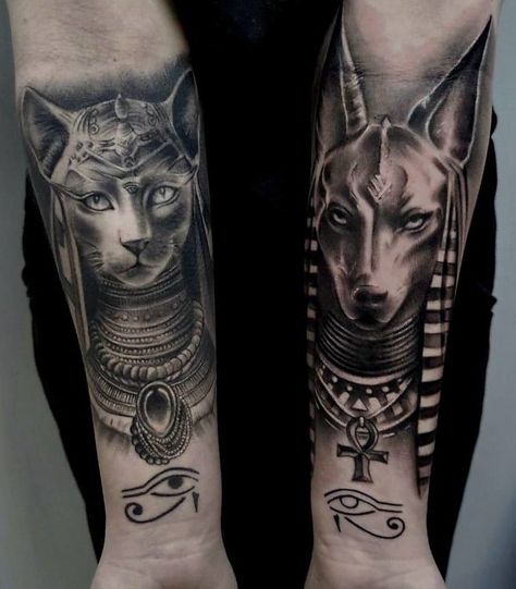 Anubis And Bastet Tattoo Design, Bast Tattoo Goddesses, Baset Tattoos, Anubis And Bastet Tattoo, Bastet Tattoo Egyptian, Bastet Goddess Tattoo, Gigi Tattoo, Bastet Anubis, Egyptian Tattoo Ideas