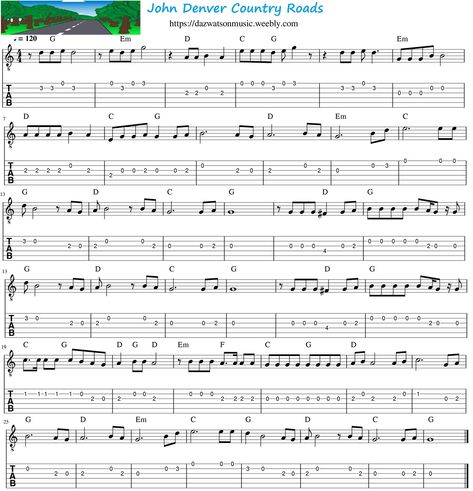 Guitar Tab Sheet, John Denver Country Roads, Ukelele Chords Ukulele Songs, Ukulele Fingerpicking, Guitar Tabs Acoustic, Learn Acoustic Guitar, Blowin In The Wind, Guitar Tabs For Beginners, Guitar Songs For Beginners