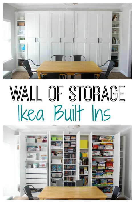 Ikea Built Ins, Wall Of Storage, Ikea Wall Storage, Ikea Built In, Ikea Desk Hack, Ikea Wall, Ikea Bedroom, Basement Storage, Craft Room Design