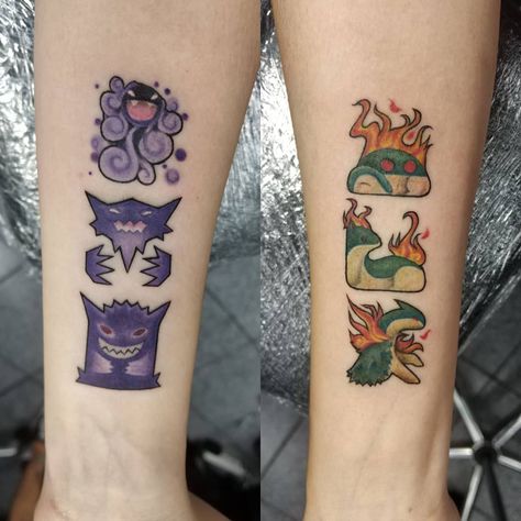 8 Bit Pokemon Tattoo, Gaming Matching Tattoos, Typhlosion Tattoo, Gengar Pokemon Tattoo, Cyndaquil Tattoo, Gengar Tattoo Design, Game Over Tattoo, Cubone Tattoo, Squirtle Tattoo