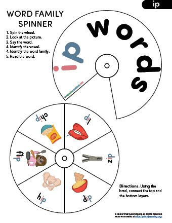 This IP word family wheel spinner helps children decode new words. Children practice identifying the rime ending -ip and onset (the initial consonant or consonant blend). How to use this worksheet: Cut out two parts of IP word family wheel spinner. Using the brad, connect the top and the bottom layers. Step 1. Spin the wheel and look at the picture (DIP). Say the word aloud, and let the child identify the vowel sound in the word DIP. /i/ Then, ask the child to say the ending rime -ip. Step 2. In Word Family, Word Wheel, Family Word, Spin The Wheel, Wheel Spinner, Consonant Blends, Initial Sounds, Vowel Sound, Word Family