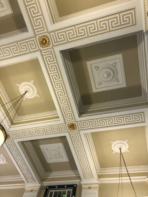 Greek Aesthetic Interior, Roman Ceiling Design, Greek Mythology Interior Design, Ancient Greek Interior Design, 5star Hotel, Greek Interior Design, Lobby Ideas, Dome Ceiling, Interior Design Presentation