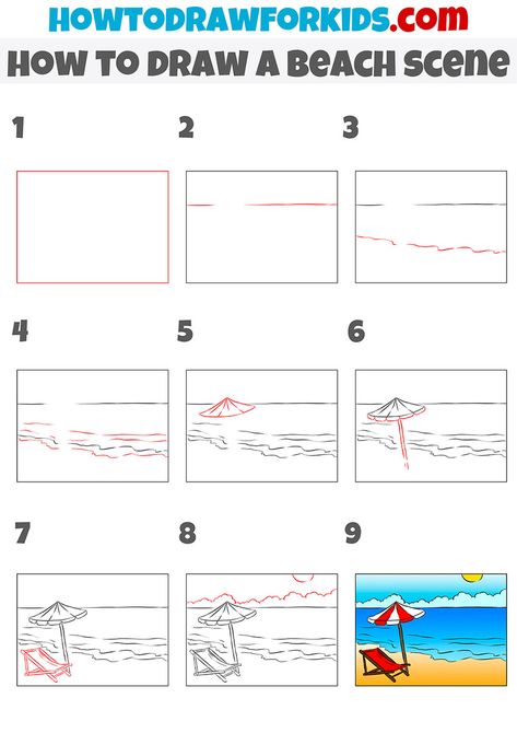 Easy To Draw Beach Scene, How To Paint Beach Scene Easy Step By Step, How To Draw The Ocean Step By Step, How To Draw A Beach Scene Step By Step, Beach Drawing Tutorial, How To Draw The Beach, Draw Beach Scene, Drawing Beach Scenes, How To Draw A Beach Scene