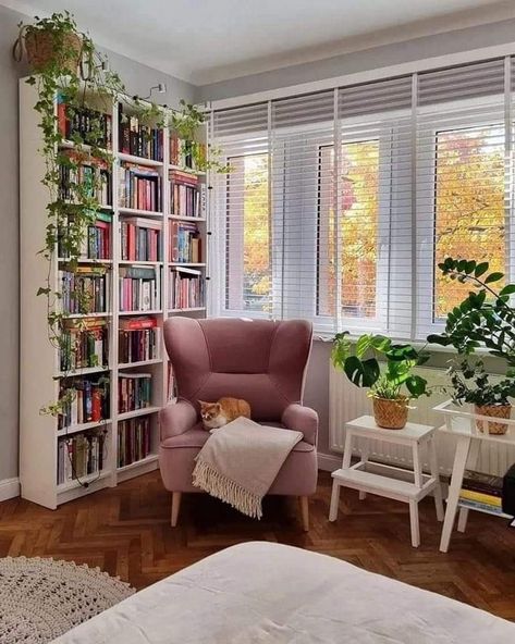 Book Case Ideas Living Room Corner, Library Office Guest Room Ideas, Hooga Living Room, Window With Bookshelves On Each Side, Simple Pastel Bedroom, Bookshelf In Entryway, Library For Small Spaces, Living Room Nyc Apartment, Mini Home Library Small Spaces