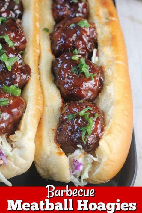 These Easy Barbecue Meatball Hoagies on Martins Hoagie Rolls - Perfect weeknight dinner! #meatballs #hoagies #sandwiches Meatballs Barbecue, Meatball Hoagies, Simple Sliders, Dinner Meatballs, Meatball Hoagie, Hoagie Sandwiches, Barbecue Meatballs, Family Cookout, Meatball Sandwich