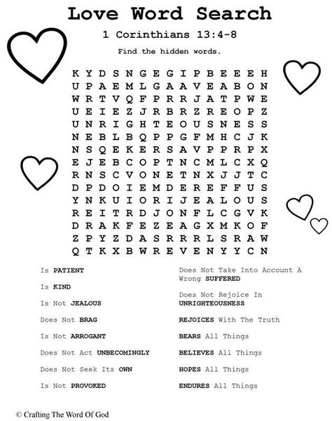 Love Word Search 1 Corinthians 13:4-8 (Activity Sheet) Activity sheets are a great way to end a Sunday School lesson. They can serve as a great take home activity. Or sometimes you just need to fil... Love Word Search, Sunday School Valentines, Church Valentines, Bible Word Searches, Valentine Words, Children's Church Crafts, Bible Activities For Kids, Love Word, Sunday School Kids