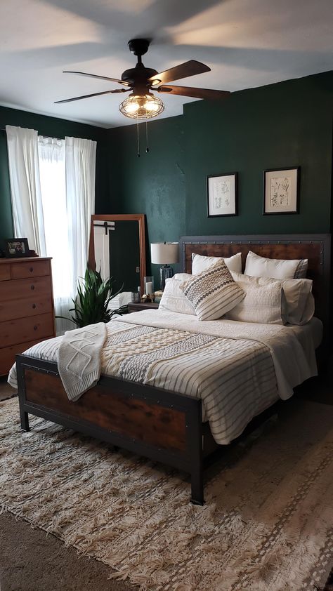 Dark Olive Green Bedroom Ideas, Forest Green Decor Bedroom, Curtains Green Bedroom, Teal Boho Bedroom Ideas, Bedroom Covers Bedding, Library Bedroom Master Suite, Dark Green Boho Bedroom Aesthetic, Hunter Green Master Bedrooms Decor, Moody Contemporary Bedroom