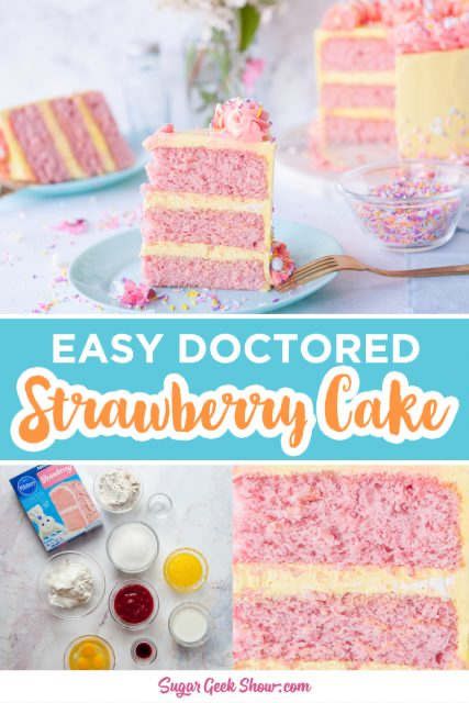 Strawberry Cake Mix Recipes, Doctored Cake Mix Recipes, Cake Mix Doctor, Delicious Strawberry Cake, Strawberry Cake Recipe, Doctor Cake, Easy Buttercream Frosting, Sugar Geek, Strawberry Cake Easy