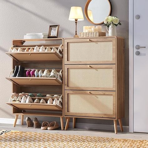 Amazon.com: Anewome Rattan Shoe Cabinet with 2 Flip Drawers, 16 Pairs Shoe Storage Cabinet for Entryway Freestanding Hidden Shoe Rack with Drawer Slim Shoe Organizer for Hallway, Living Room, Natural : Home & Kitchen Shoe Rack With Drawers, Shoe Storage For Entryway, Hidden Shoe Rack, Shoe Rack Drawer, Storage For Entryway, Rattan Shoe Cabinet, Flip Shoes, Entryway Shoe Storage, Well Decor