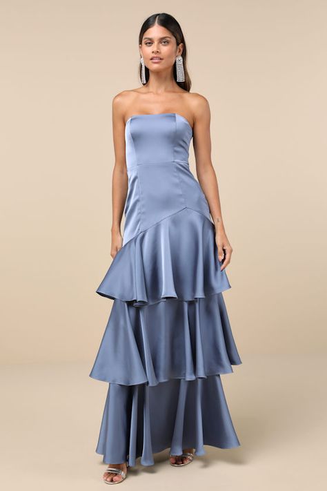 Blissfully Beautiful Slate Satin Strapless Tiered Maxi Dress Blue Wedding Guest Dresses, Bridesmaid Dresses Satin, Blue Bridesmaid Dress, Blue Dress Formal, Tiered Ruffle Skirt, Strapless Neckline, Formal Dresses Gowns, Black Satin Dress, Wedding Attire Guest