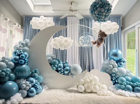 Blue teddy bear balloon backdrop Teddy Bear And Moon Baby Shower Theme, Teddy Bear Cloud Theme, Love You To The Moon And Back Backdrop, Moon And Cloud Backdrop, Moon Star Balloon, Cloud Baby Shower Theme, Moon Baby Shower Theme, Teddy Bear Baby Shower Theme, Boy Baby Shower Centerpieces