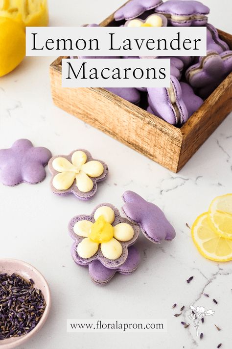 Lemon Lavender Macarons (Flower-Shaped) - The Floral Apron Macaron Recipe Flavors, Lavender Macaron, Macaroon Filling, Lemon Macaroons, Lavender Macarons, Macaron Template, Lavender Recipes, Macaron Flavors, Culinary Lavender