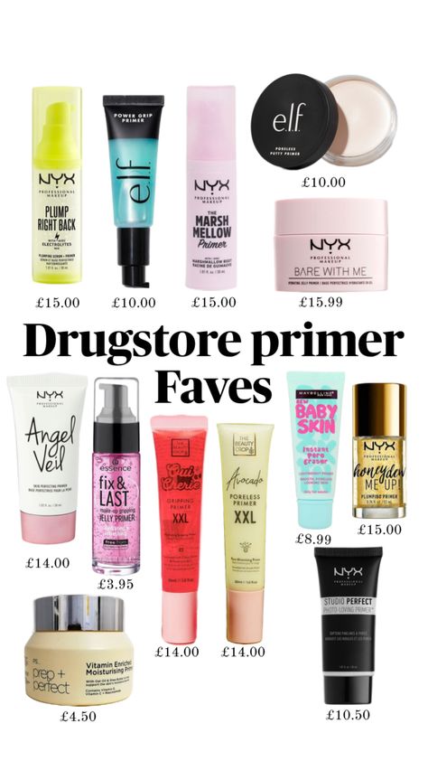 Drugstore primer favourites #makeup #viralmakeup #primer Best Drugstore Primer, Drugstore Primer, Glow Primer, Best Primer, Cute Makeup Looks, Makeup Primer, Drugstore Makeup, Nyx Professional Makeup, Gorgeous Makeup