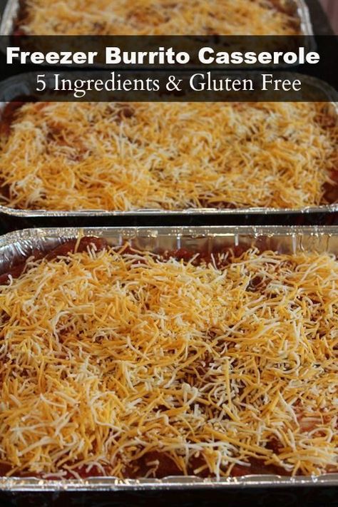 Mexican meals are great freezer meals. This Freezer Burrito Casserole is easy to make, contains 5 ingredients, and is gluten free! Freezer Meal Taco Casserole, Mexican Casserole To Freeze, Taco Bake Freezer Meal, Lactose Free Freezer Meals, Freezer Taco Bake, Frozen Burrito Recipe Dinners, Easy Gluten Free Freezer Meals, Freezer Enchilada Casserole, Freezer Meal Vegetarian