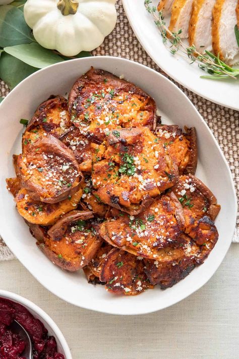 Sweet Potatoes Roasted, Smashed Sweet Potatoes, Sweet Potato Oven, Feel Good Foodie, Potato Rounds, Roasting Garlic In Oven, Oven Roasted Sweet Potatoes, Sweet Potato Mash, Potatoes Roasted