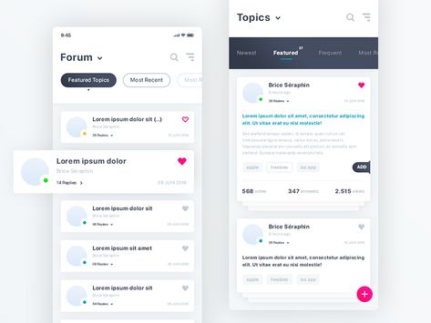 This is a forum & topic ios app with a clean UI and ready for download. Cheers to Brice Séraphin for sharing this freebie. Social App Design, Ui Framework, App Inspiration, Journal App, Ui Design Dashboard, Card Ui, App Concept, Mobile App Design Inspiration, Gui Design