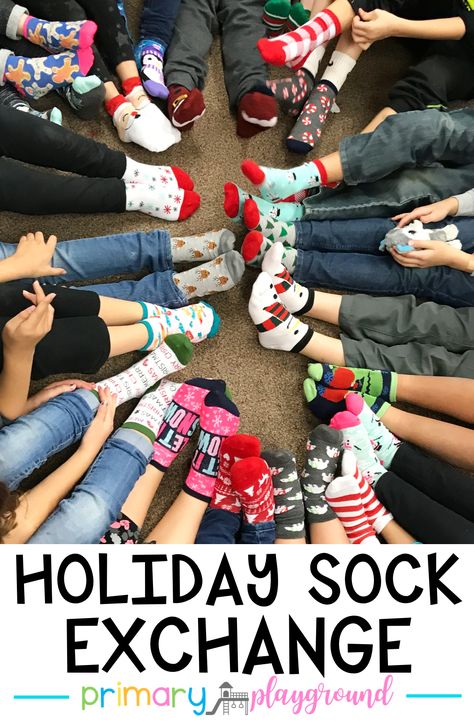 class holiday sock exchange #classparty #classchristmasparty #sockexchange #christmasgame #kindergarten #firstgrade #secondgrade Sock Exchange Party, Christmas Socks Exchange, Sock Party, Sock Gift Exchange, Classroom Gift Exchange, Primary Playground, Socks Exchange, Classroom Christmas Party, School Christmas Party