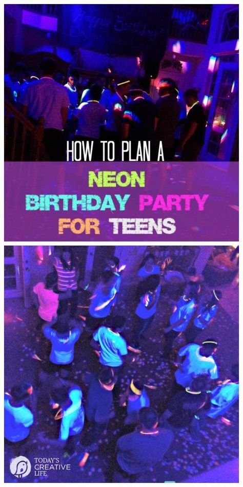 Let me show you how easy it is to plan a Glow in the Dark Dance Party! | How to Plan a Neon Birthday Party for Teens | Teen Dance Party Ideas | Party Planning for young adults | Neon Party | TodaysCreativeLife.com Neon Birthday Party For Teens, Sweet 16 Party Ideas For Boys, Glow In Dark Party, Glow Stick Party, Neon Birthday Party, Glow Birthday Party, Black Lights, Blacklight Party, Neon Birthday