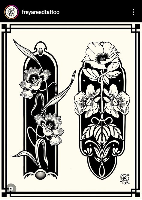 Art Deco Floral Tattoo, Art Nouveau Flower Tattoo, Moonflower Tattoo Design, Art Nouveau Shapes, Art Nuevo Tattoo, Framed Flower Tattoo, Black Out Tattoo Designs, Floral Frame Tattoo, William Morris Tattoo