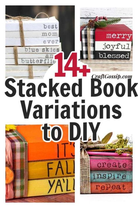 Painted Book Stacks Diy, Stamped Book Stacks Diy, How To Make Book Stacks, Mini Wood Book Stacks Diy, Wooden Stacked Books Decor Diy, Christmas Book Stacks Diy, Wooden Book Stacks Diy, Book Stack Ideas, Christmas Book Stacks