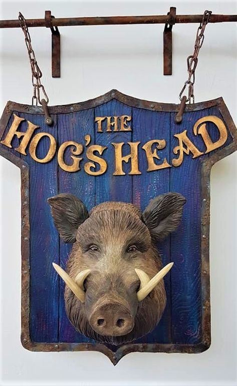 MDF and fibreglass pub sign/film prop, by Karen  Pangbourne. Harry Potter, university project, happy pig, boar, hog, rust Pub Signage, Medieval Signboard, Pub Signs Vintage, Teapot Birdhouse, Tavern Signs Vintage, Market Signage, Dnd Room, Antique Manor Signs, Wooden Carved Signs