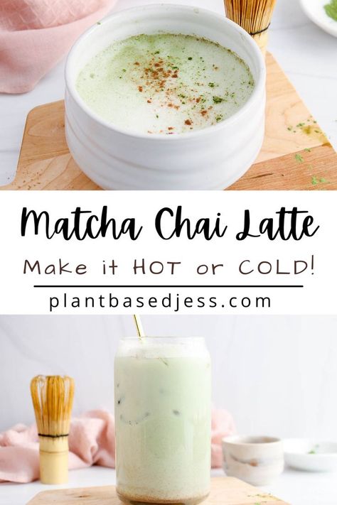 View on a hot and cold matcha chai latte. Chai Matcha Latte, Matcha Powder Recipes, Match Recipes, Chai Matcha, Matcha Tea Recipes, Matcha Drink Recipes, Matcha Drinks, Chai Latte Recipe, Tea Latte Recipe