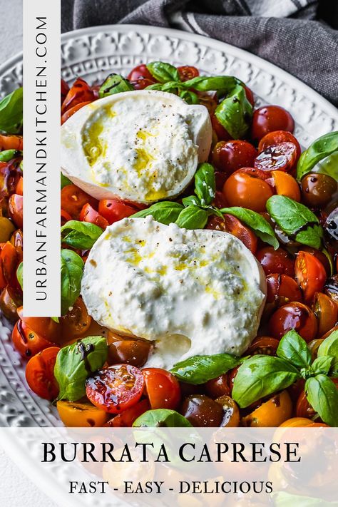 Platter of cherry tomatoes with burrata cheese, basil and balsamic. Barata Salad, Recipe With Burrata, Burrata Caprese, Burrata Recipe, Ensalada Caprese, Shawarma Spices, Caprese Salad Recipe, Burrata Salad, Burrata Cheese