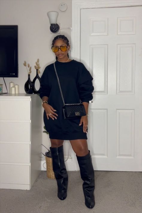 Oversized Sweatshirt Dress curated on LTK Hooded Dress Outfit Black Women, Black Sweatshirt Outfit Women, Oversized Sweater And Boots, Black Sweater Dress Outfit, Oversized Sweatshirt Dress, Oversized Sweatshirt Outfit, Sweatshirt Dress Outfit, Oversized Hoodie Dress, Oversized Black Sweater